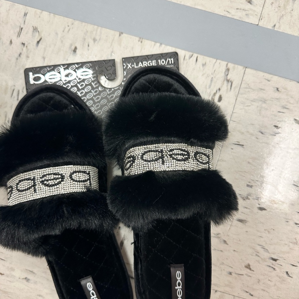 Bebe Black Plush Fur Slippers with Silver Logo